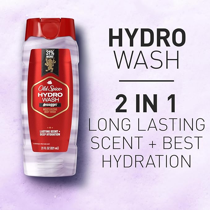 Old Spice Moisturizing Body Wash for Men, Hydro Wash, 2-in-1 Long Lasting Scent & Deep Hydration, 24/7 Shower Fresh, Swagger Scent, 21 oz (Pack of 2)