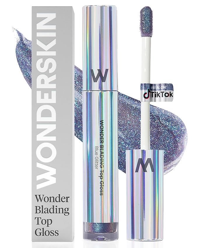 Wonderskin WONDER BLADING Top Gloss - Blue Glitter Lip Gloss, Hydrating and High Shine Finish Lip Makeup (Blue Glitter)