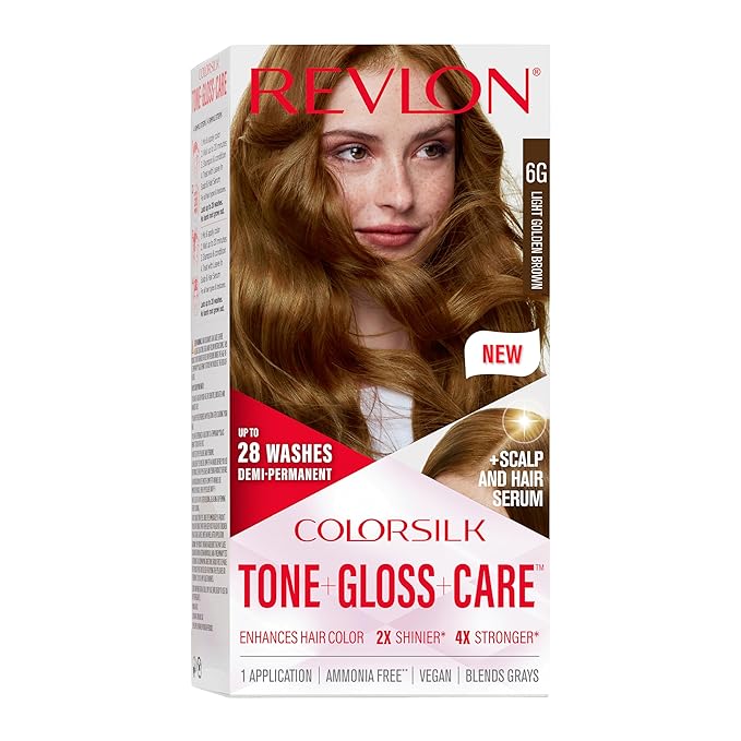 Revlon ColorSilk Tone + Gloss + Care Demi Permanent Hair Color, Dye Kit with Leave-In Scalp and Haircare Serum, 2x Shinier, 4x Stronger, 6G Light Golden Brown, 4.5 fl oz