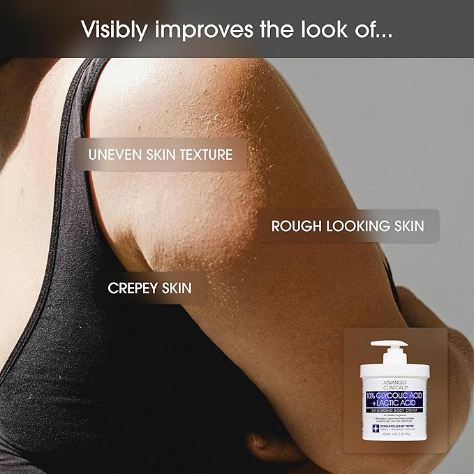 Advanced Clinicals Retinol Body Cream Moisturizer + Exfoliating 10% Glycolic Acid & Lactic Acid Lotion 2PC Skincare Set For Women & Men To Reduce Appearance Of Crepey Skin & Uneven Rough Skin Texture