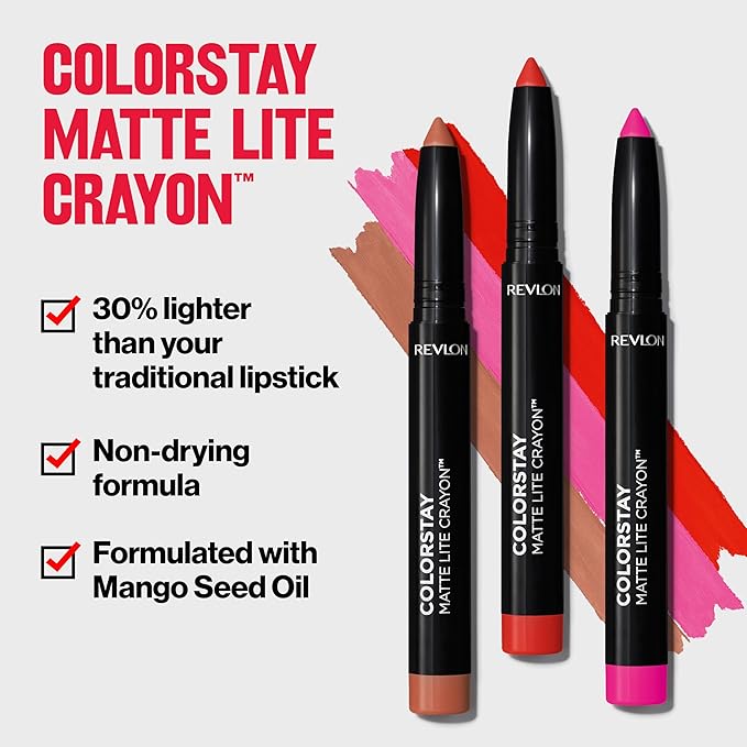 REVLON ColorStay Matte Lite Crayon Lipstick with Built-in Sharpener, Smudge-proof, Water-Resistant Non-Drying Lipcolor, 008 She's Fly, 0.049 oz