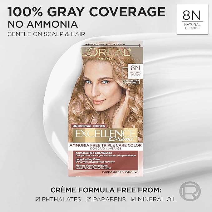 L’Oreal Paris Excellence Universal Nudes Permanent Hair Color, Ammonia Free Hair Dye for Gray Hair Coverage, 8N Natural Blonde, 1 Hair Dye Kit