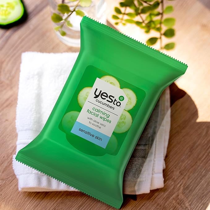 Yes To Face Wipes for Women and Men, Sensitive Facial Cleansing Wipes for use as a Make Up Remover, Cleaning, Soothing, Cucumbers Aloe Vera (Pack of 2)