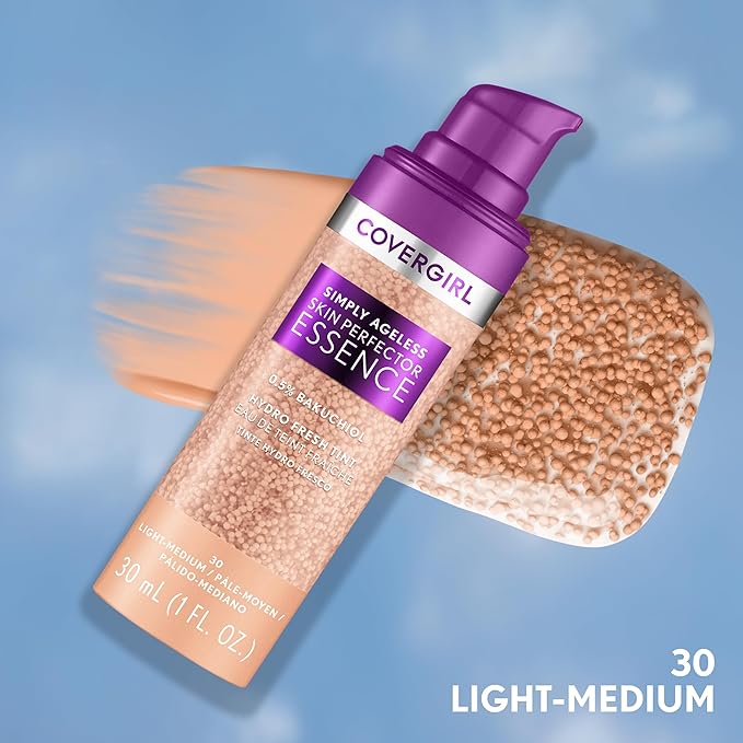 Covergirl Simply Ageless Skin Perfector Essence Foundation, 30 Light-Medium, Tinted Skin Perfector, Skincare Makeup Hybrid, Sheer Tint, Radiant Finish, Skin-Like Finish, Vegan Formula, 1.0oz