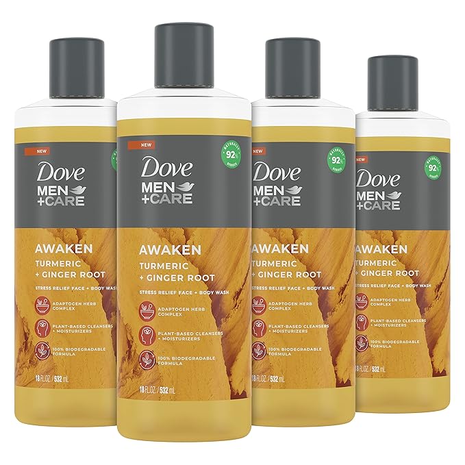 DOVE MEN + CARE Face + Body Wash For Men Awaken Turmeric + Ginger Root 18 oz 4 Count