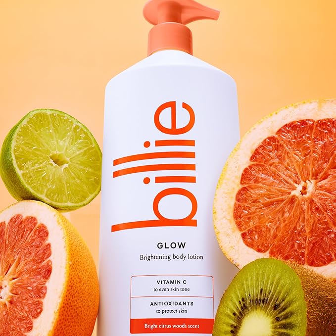 Billie Glow Brightening Women's Body Lotion, Citrus Woods Scent, With Vitamin C, 18 fl oz