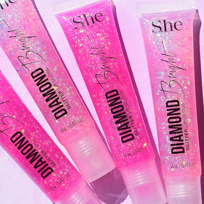 Beauty Bundle She Diamond Glitter Lip Gloss Bright High Shine Glitter Holographic Long Lasting Non-Sticky Formula Gifts for Girls, Teens, Tweens & Women