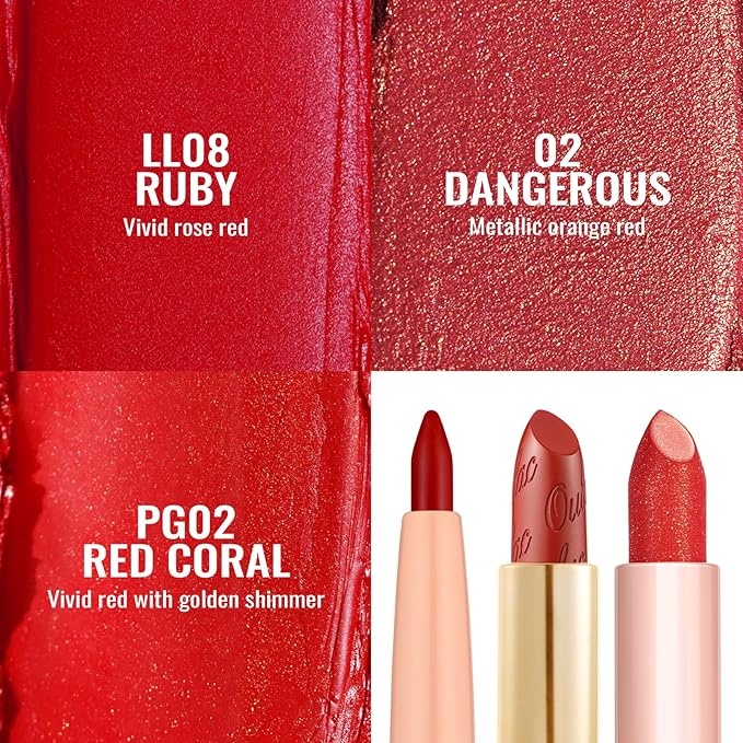 Oulac Lipstick & Lipliner Set 3PCS High Impact Lipcolor with Moisturizing Formula, Vegan Beauty, Full-Coverage Lip Color, Gift Lipstick for Women, LL08+02+PG02