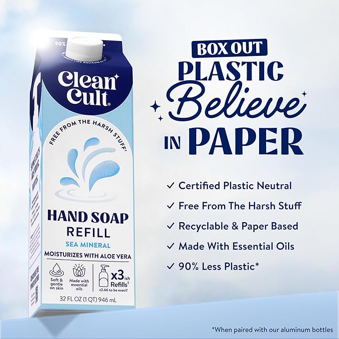 Cleancult - Liquid Hand Soap Refills - Sea Minerals - Gentle On Sensitive Skin - Made with Aloe Vera & Essential Oils - Eco Friendly - Paper-Based Packaging - 32 oz/2 Pack