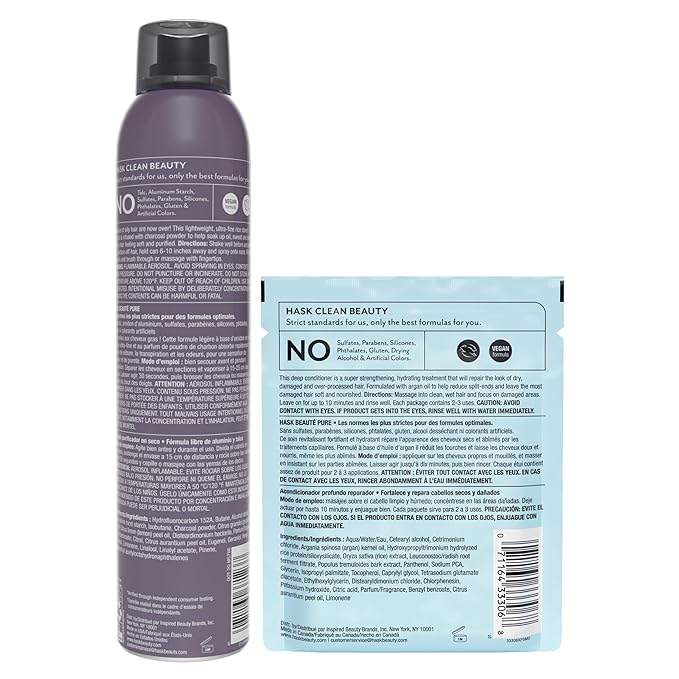 HASK Charcoal Clarifying Dry Shampoo Duo (4.3oz-Qty 2) & Argan Oil Repairing Deep Conditioner Packette, Aluminum-Free, Sulfate-Free, Paraben-Free, Color Safe, for All Hair Types