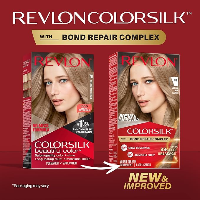 Revlon ColorSilk with Bond Repair Complex, Blonde Permanent Hair Color, 100% Gray Coverage, Ammonia Free Hair Dye, Vegan Keratin, 70 Medium Ash Blonde (Pack of 3)