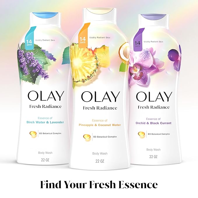 Olay Body Wash for Women, Fresh Radiance, Refreshing & Renewing, Made with Plant Based Cleansers, B3 Botanical Complex, For All Skin Types, Pineapple & Coconut Water Scent, 22 fl oz (Pack of 4)