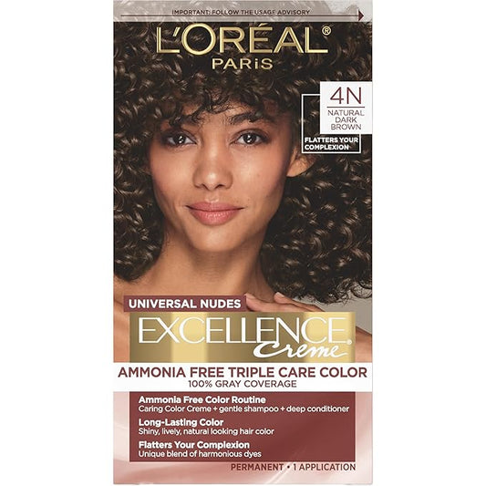 L’Oreal Paris Excellence Universal Nudes Permanent Hair Color, Ammonia Free Hair Dye for Gray Hair Coverage, 4N Natural Dark Brown, 1 Hair Dye Kit