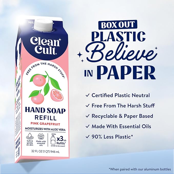 Cleancult Liquid Hand Soap Refill - Pink Grapefruit- Moisturizes Dry & Sensitive Skin - Made with Aloe Vera & Essential Oils - Eco Friendly - Paper-Based Packaging - 32 oz/2 Pack