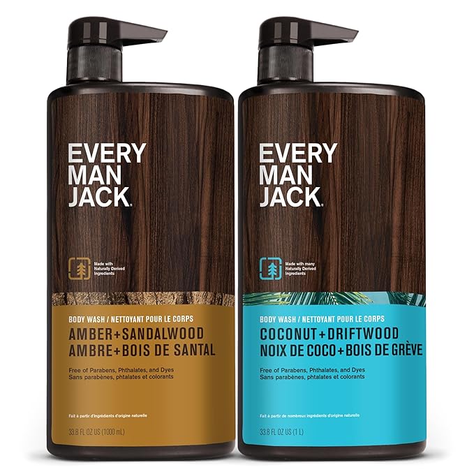 Every Man Jack Coconut + Driftwood & Amber + Sandalwood Mens Body Wash for All Skin Types - Cleanse, Hydrate, and Smell Great - Free of Parabens, Phtalates, and Dyes - 33.8 fl oz (2 Pack)
