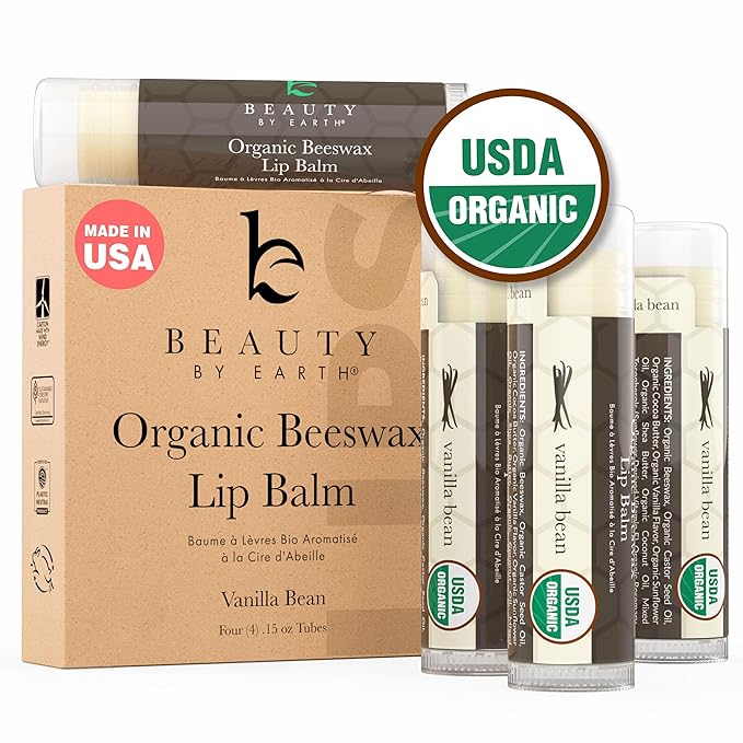 Organic Lip Balm - 4 Pack Beeswax Vanilla Natural Chapstick