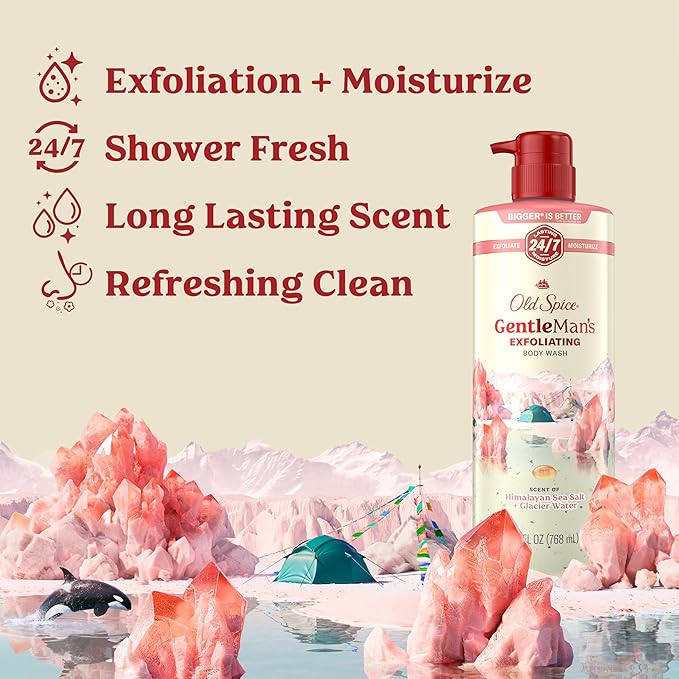 Old Spice GentleMan's Exfoliating & Moisturizing Body Wash for Men, 24/7 Shower Fresh with Long Lasting Scent, Renewing Vitamin B3 Blend, Himalayan Sea Salt + Glacier Water Scent, 26 oz
