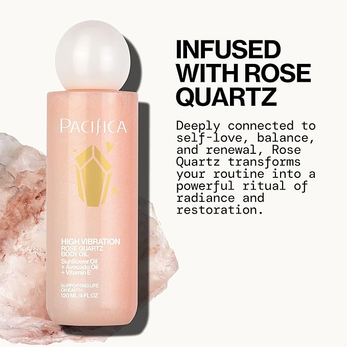 Pacifica Rose Quartz Body Oil – High Vibration Hydrating Body Oil with Natural Plant Oils & Rose Quartz Crystals, Moisturizing & Nourishing, Vegan & Cruelty-Free, Clean Beauty, Floral Scent, 4 oz