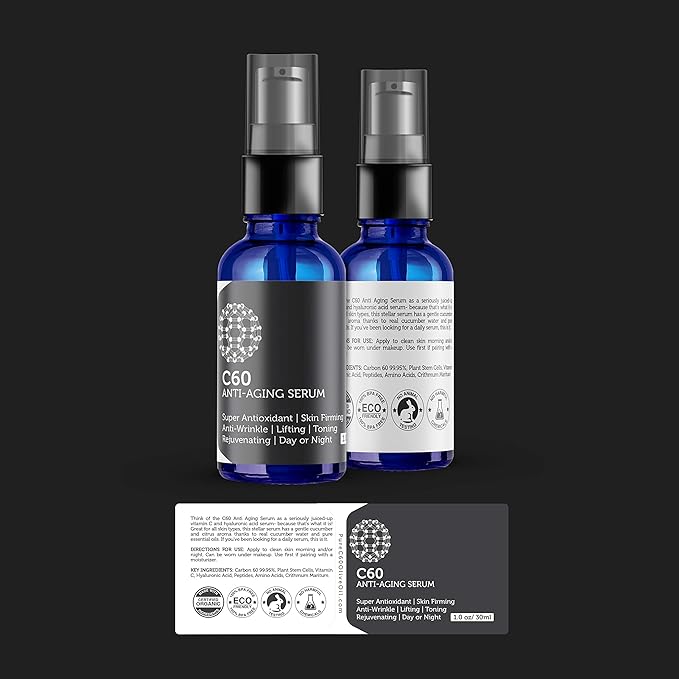 C60 Anti-Aging Face Serum 30ml with Hyaluronic Acid, Plant Stem Cells, Peptides, Vitamins B + C & Anti Aging Wrinkle Complexes for Men & Women Made with Organic Ingredients