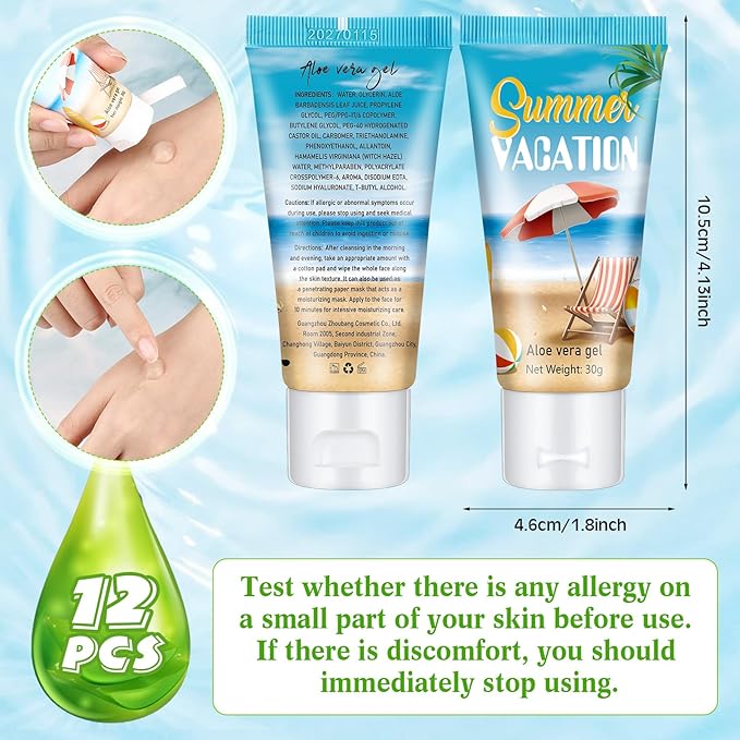 12 Pcs Mini Aloe Vera Gel Travel Size Bulk for Summer Vacation Party 1oz After Sun Aloe Vera Gel Sunburn Relief Hydrating Face Body Moisturizer Cream for Gifts Summer Party Supplies