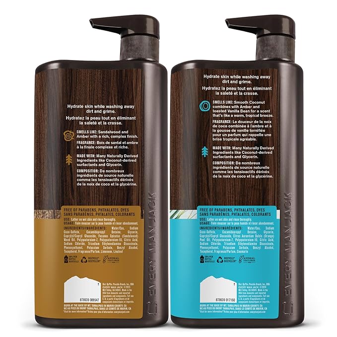 Every Man Jack Coconut + Driftwood & Amber + Sandalwood Mens Body Wash for All Skin Types - Cleanse, Hydrate, and Smell Great - Free of Parabens, Phtalates, and Dyes - 33.8 fl oz (2 Pack)