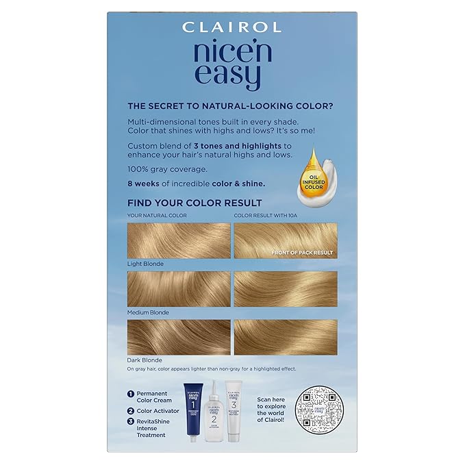 Clairol Nice'n Easy Permanent Hair Dye, 10A Extra Light Cool Blonde Hair Color, Pack of 3 - Packaging May Vary