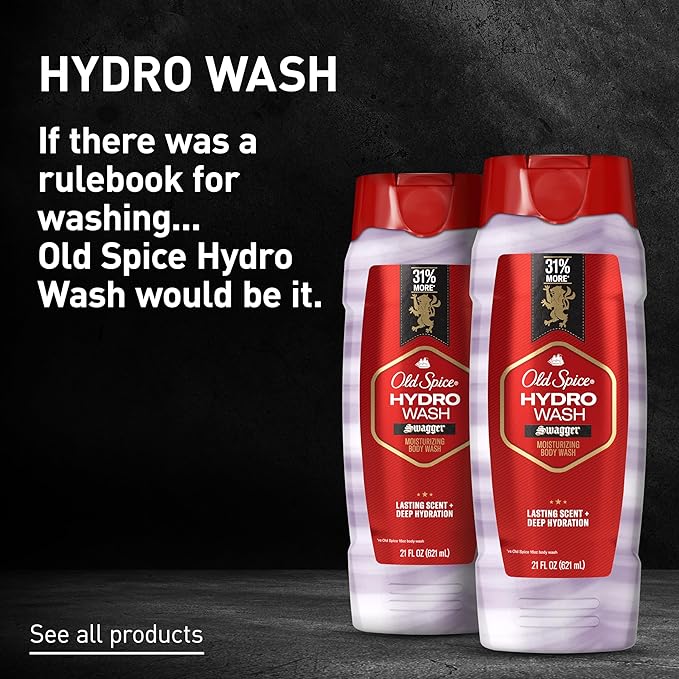 Old Spice Moisturizing Body Wash for Men, Hydro Wash, 2-in-1 Long Lasting Scent & Deep Hydration, 24/7 Shower Fresh, Swagger Scent, 21 oz (Pack of 2)
