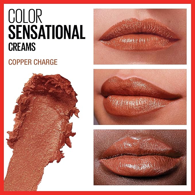 Maybelline Color Sensational Lipstick, Lip Makeup, Cream Finish, Hydrating Lipstick, Nude, Pink, Red, Plum Lip Color, Copper Charge, 0.15 oz; (Packaging May Vary)