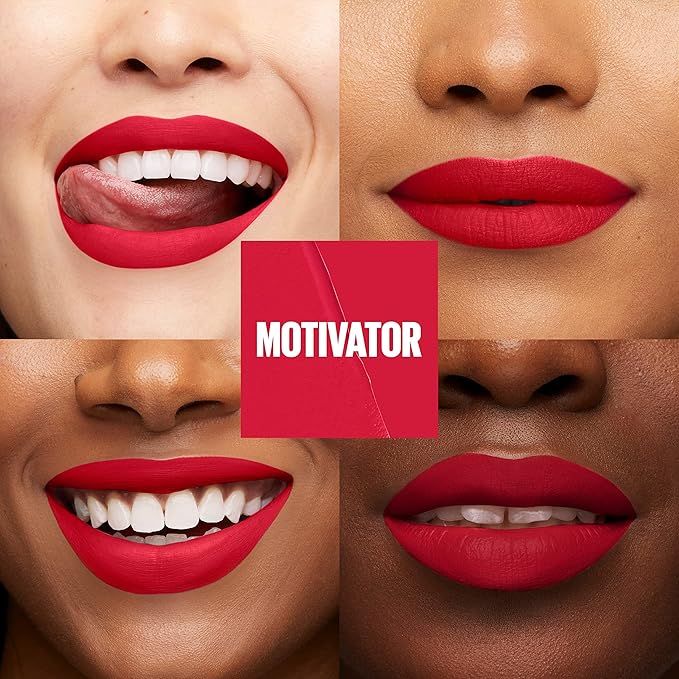 Maybelline Super Stay Matte Ink Liquid Lip Color, Moodmakers Lipstick Collection, Long Lasting, Transfer Proof Lip Makeup, Motivator, Red, 1 Count