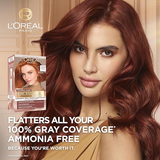 L’Oreal Paris Excellence Universal Nudes Permanent Hair Color, Ammonia Free Hair Dye for Gray Hair Coverage, 7NR Natural Copper, 1 Hair Dye Kit