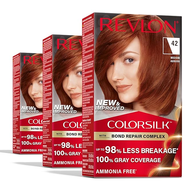 Revlon ColorSilk with Bond Repair Complex, Auburn Permanent Hair Color, 100% Gray Coverage, Ammonia Free Hair Dye, Vegan Keratin, 42 Medium Auburn (Pack of 3)