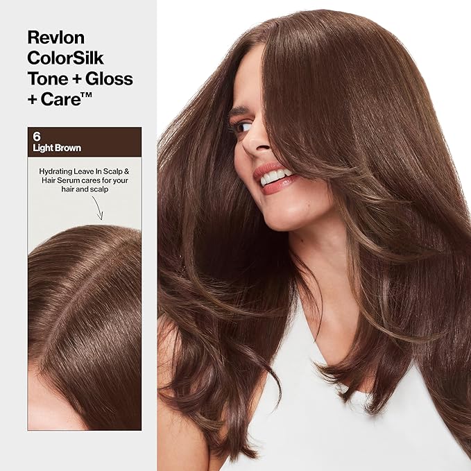 Revlon ColorSilk Tone + Gloss + Care Demi Permanent Hair Color, Dye Kit with Leave-In Scalp and Haircare Serum, 2x Shinier, 4x Stronger, 6 Light Brown, 4.5 fl oz