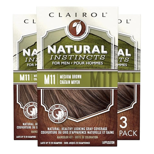 Clairol Natural Instincts Semi-Permanent Hair Dye for Men, M11 Medium Brown Hair Color, Pack of 3