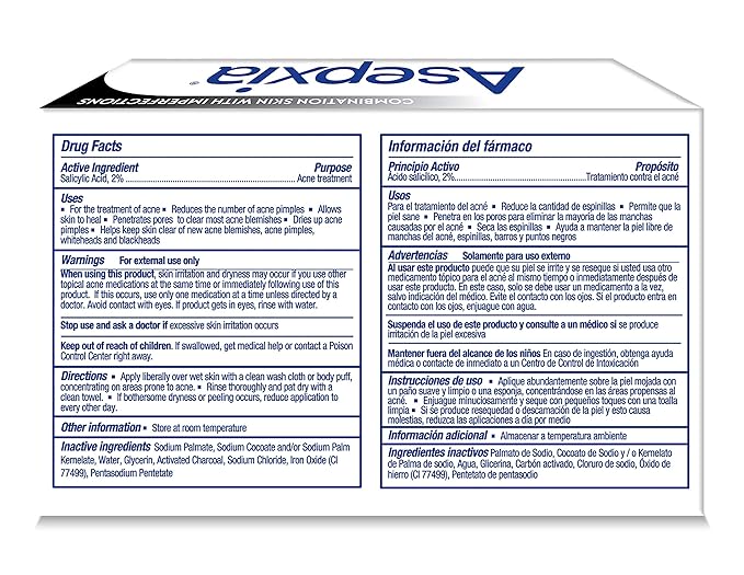 Asepxia with Activated Charcoal Purifying Effect Acne Treatment Bar Soap with Salicylic Acid, 4 Ounce (Pack of 2)