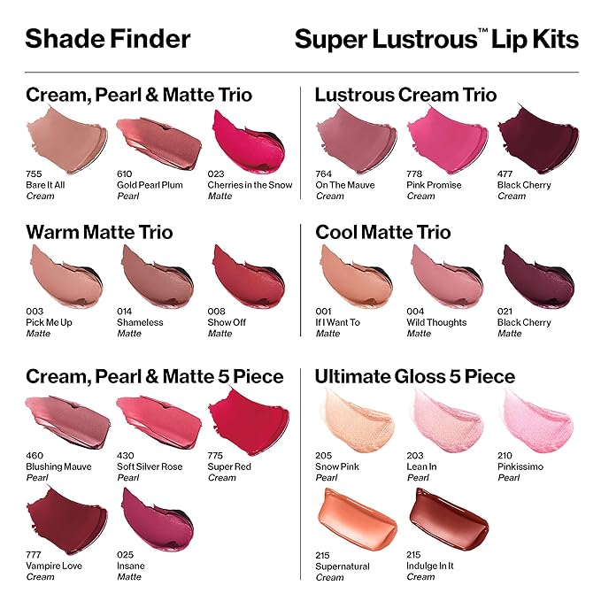 Revlon Super Lustrous 5-Piece Lipstick Gift Set, High Impact, Moisturizing, 460 Blushing Mauve & 430 Soft Silver Rose (Pearl), 775 Super Red & 777 Vampire Love (Cream), 025 Insane (Matte), 0.75 Oz