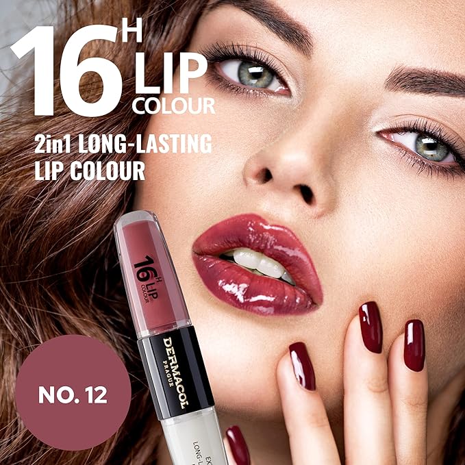 Dermacol NEW 16-Hour Lip Colour, Highly Pigmented Glossy Lip Stain, Two-Phase Lip Plumper Gloss, Kissproof Lip Makeup Products with Matte and Glitter Finish, n.12