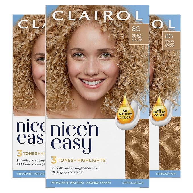 Clairol Nice'n Easy Permanent Hair Dye, 8G Medium Golden Blonde Hair Color, Pack of 3