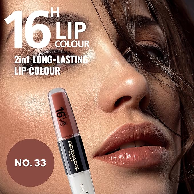 Dermacol NEW 16-Hour Lip Colour, Highly Pigmented Glossy Lip Stain, Two-Phase Lip Plumper Gloss, Kissproof Lip Makeup Products with Matte and Glitter Finish, n.33