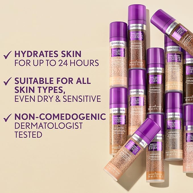 Covergirl Simply Ageless Skin Perfector Essence Foundation, 10 Fair, Tinted Skin Perfector, Skincare Makeup Hybrid, Sheer Tint, Radiant Finish, Skin-Like Finish, Vegan Formula, 1.0oz