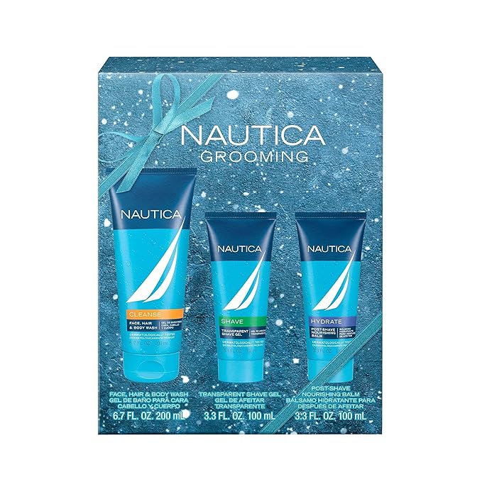 Nautica Grooming 3 Piece Gift Set, Notes of Grapefruit, Lavender, and Wood, Men's Fragrance, Long Lasting, Everyday Fragrance