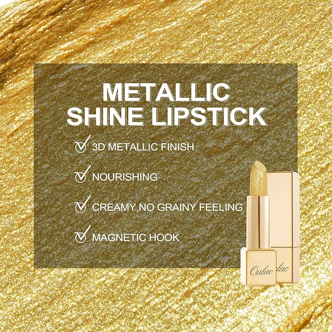 Oulac Glitter Gold Lipstick for Women with Metallic 3D Shine Lightweight Hydrating Formula, High Impact Lip Color, Vegan Beauty, Full Coverage Lip Makeup, Christmas Gifts for Women, Celebration(18)