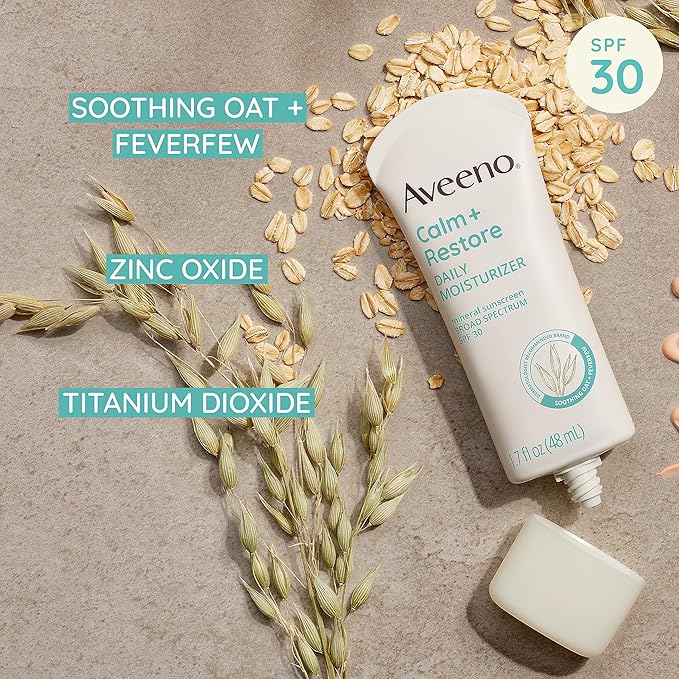 Aveeno Calm + Restore Daily Moisturizer Mineral Sunscreen with Broad Spectrum SPF 30, Lightweight All Day Moisture + UVA/UVB Sun Protection for Sensitive Skin, Fragrance Free, 1.7 fl. Oz