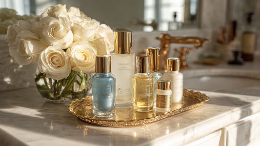 Luxury facial oils and serum bottles in elegant glass packaging with gold caps on marble vanity tray and fresh white roses