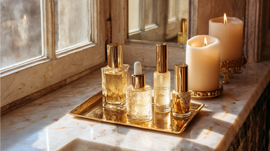 Luxury facial oils and serum bottles in glass packaging with gold caps on marble windowsill tray, warm candles glowing beside