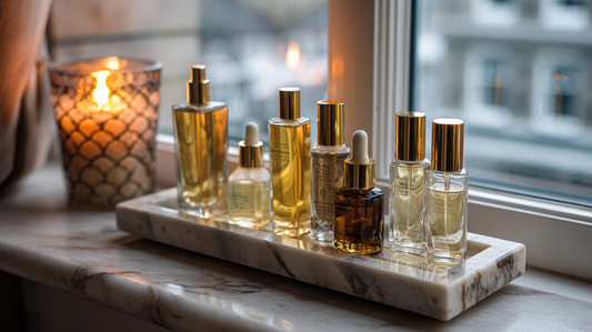 Elegant skincare serum and oil bottles in glass packaging with gold caps on marble tray by window, candlelight creating warm glow