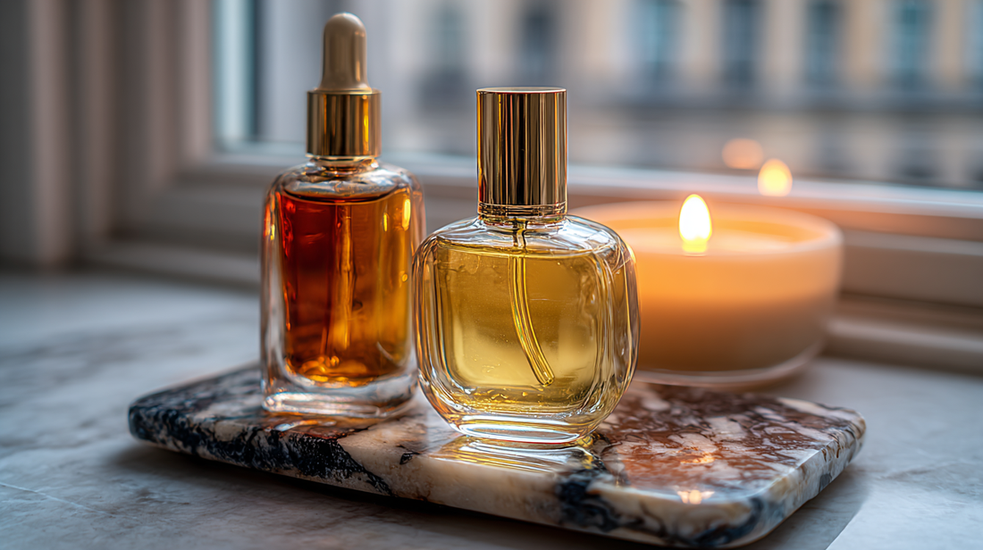 Luxury skincare oil and serum bottles with gold caps on marble tray by window, candlelight glowing in the background