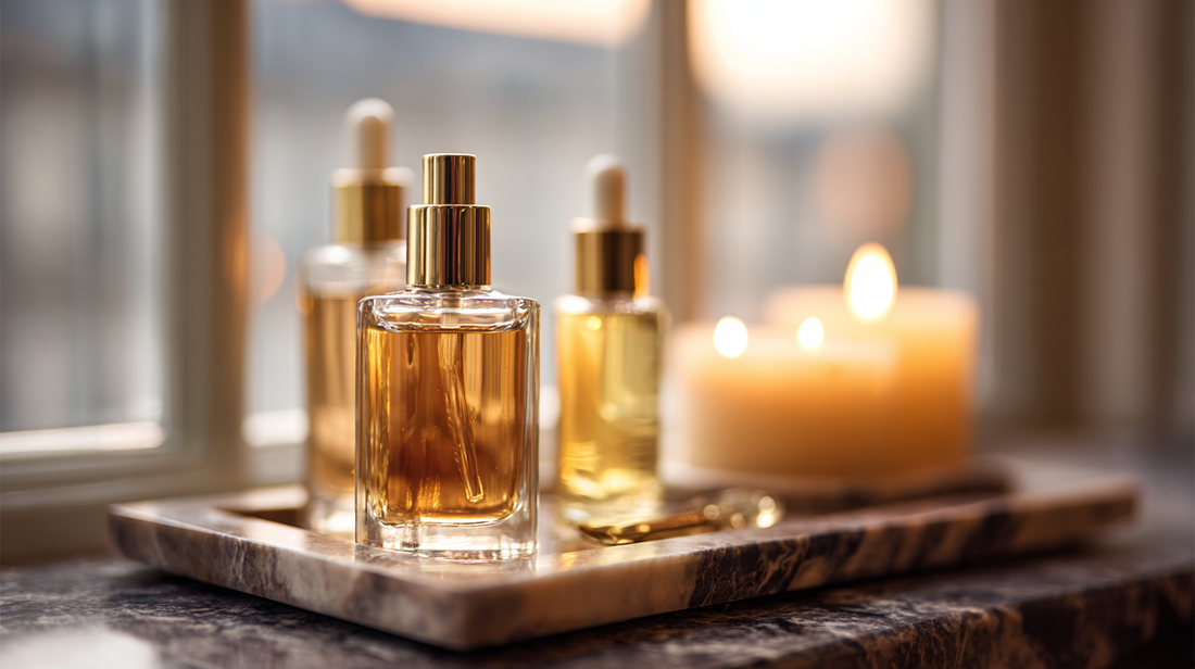 Luxury skincare oil and serum bottles with gold caps on marble tray by window, glowing candlelight for warm ambiance