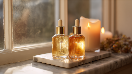 Skincare oil serum bottles with gold droppers on marble tray by window, soft candlelight creating warm glow