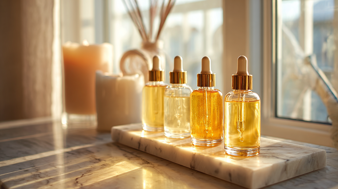 Glass skincare serum bottles with gold droppers on marble tray by window, soft candlelight and diffuser creating warm glow