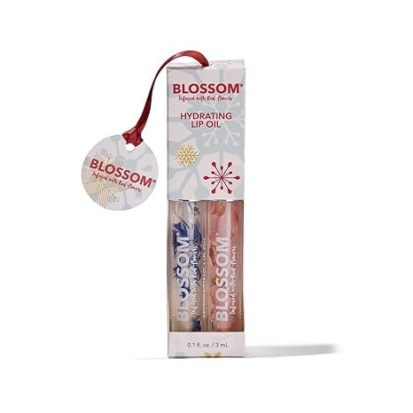 Blossom Moisturizing and Hydrating Shimmer Sparkle Lip Oil with Olive Oil + Grape Seed Oil, Infused with Real Flowers, 6g, Holiday Stocking Stuffer, 2 pack, Coconut/Watermelon